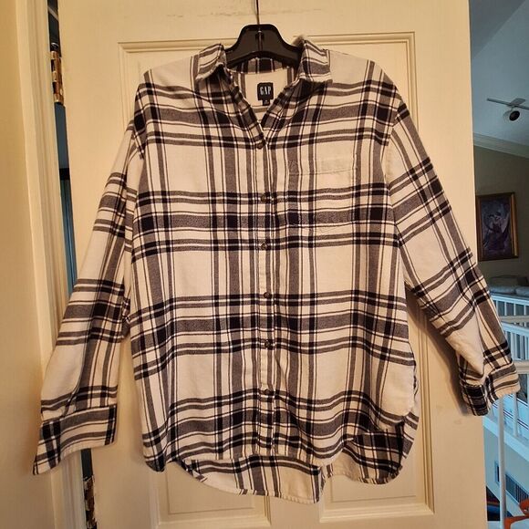 Gap Shirt Cotton Flannel Plaid Navy Blue Oversized Button Up Women Medium TALL - Picture 14 of 14